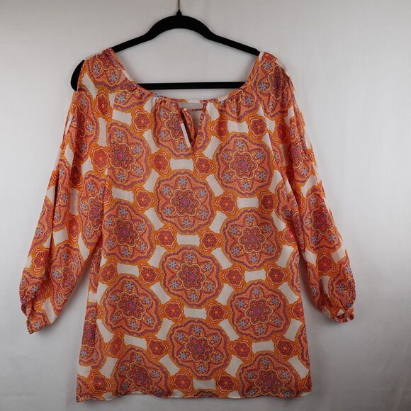 Peck & Peck Blouse Women's Medium Orange White Medallion Lined Fall Halloween - Picture 2 of 11